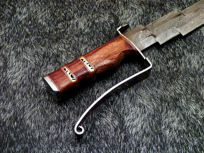 17" Handmade Damascus Kris Blade Bowie Knife – Natural Wood Handle & Leather Sheath