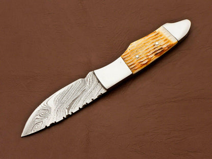 8.5" Heritage Forge's Damascus Bowie Knife | Camel Bone Handle