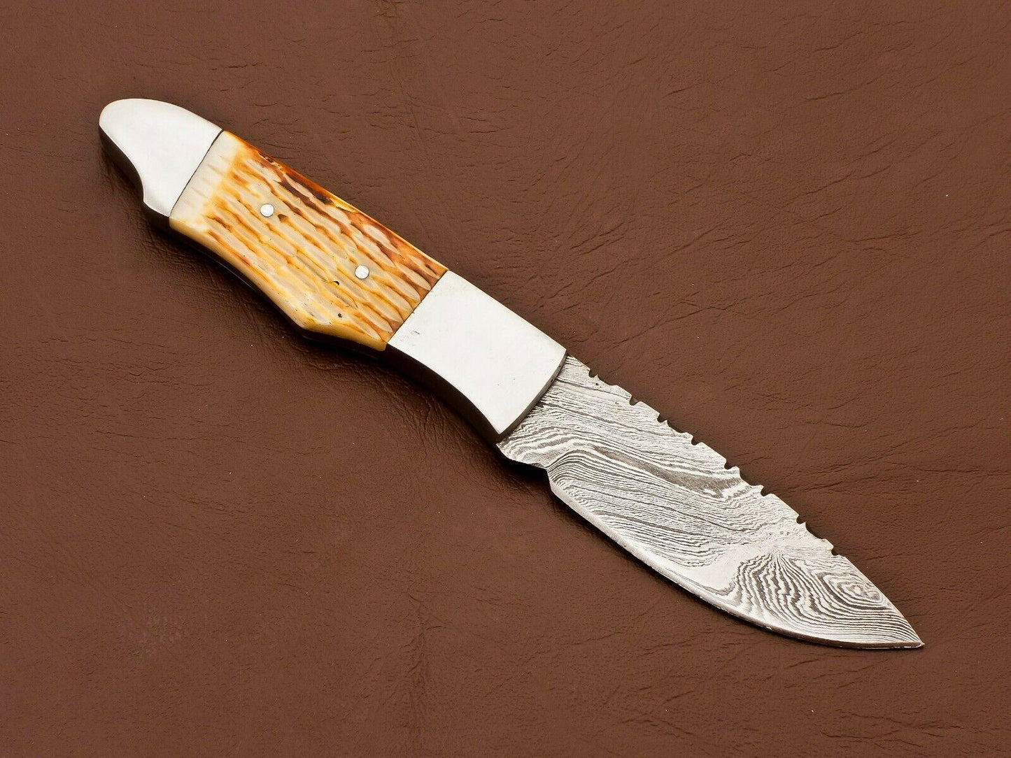 8.5" Heritage Forge's Damascus Bowie Knife | Camel Bone Handle