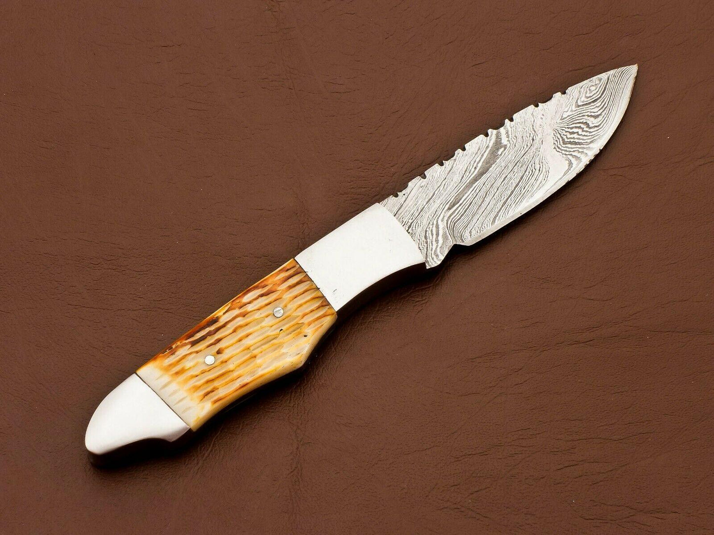 8.5" Heritage Forge's Damascus Bowie Knife | Camel Bone Handle