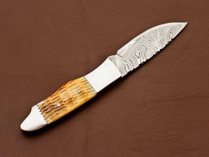 8.5" Heritage Forge's Damascus Bowie Knife | Camel Bone Handle