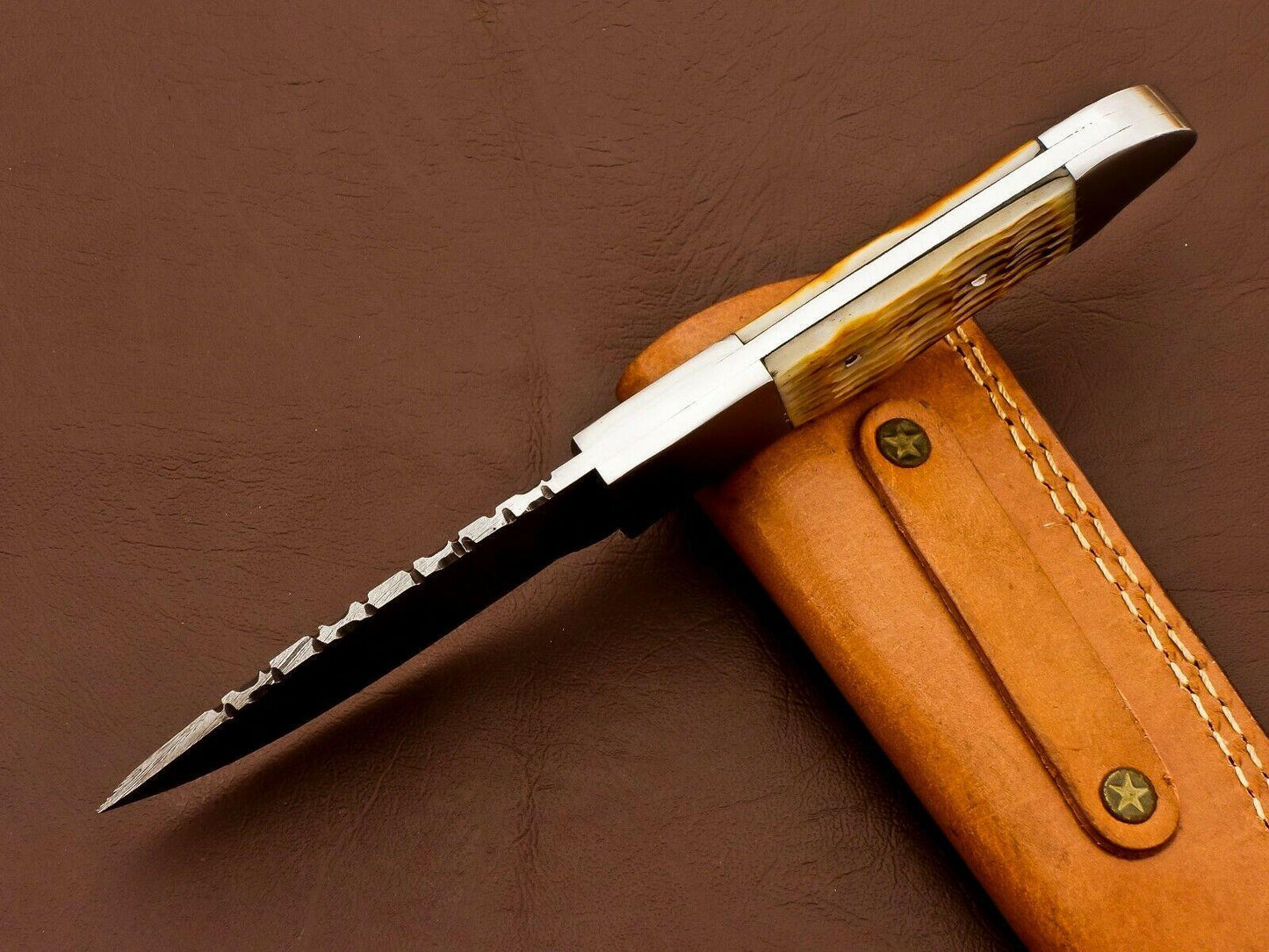 8.5" Heritage Forge's Damascus Bowie Knife | Camel Bone Handle