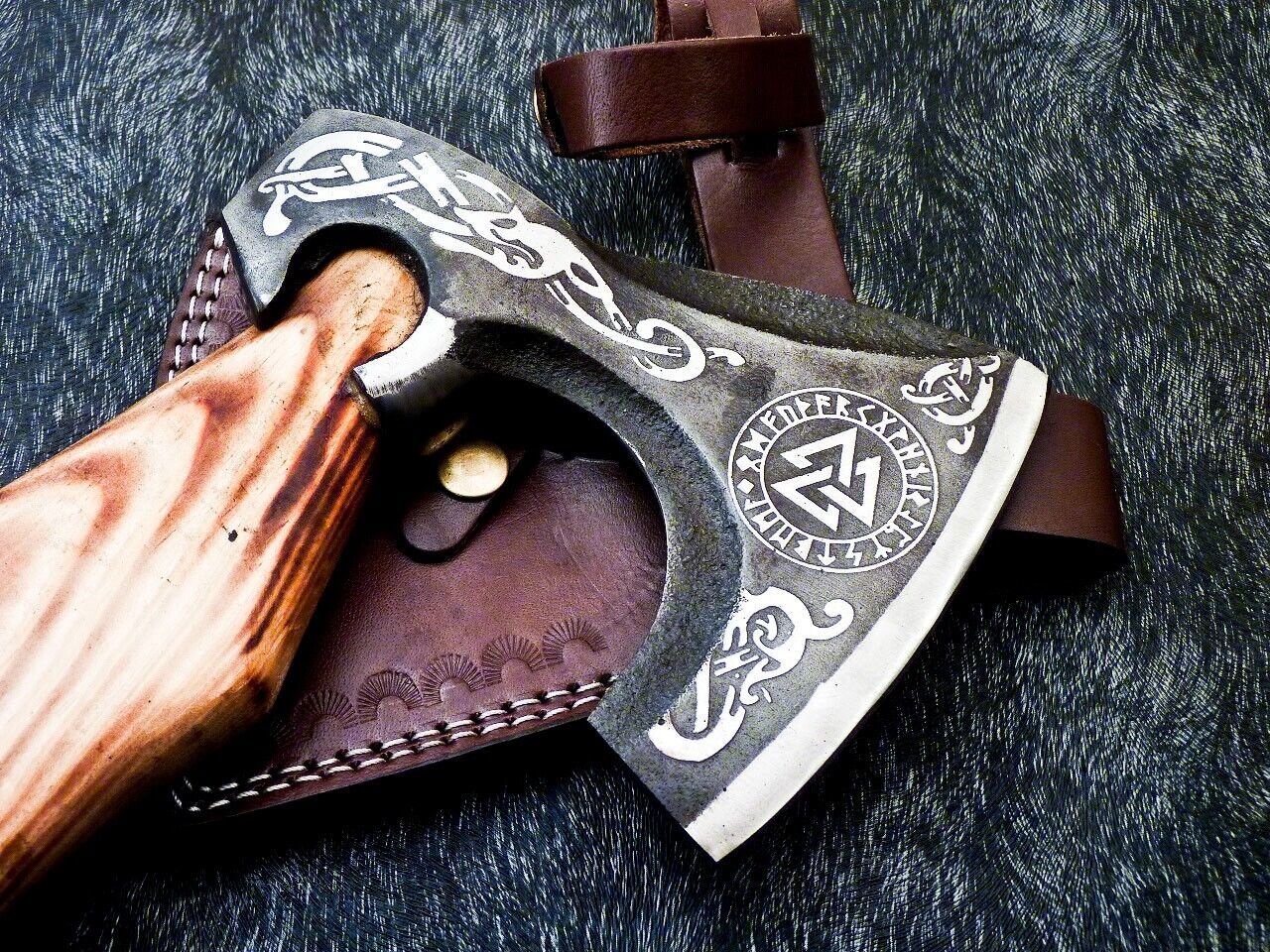 Hand Forged Bearded Viking Axe with Natural Wood Handle and Leather Sheath