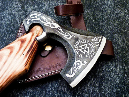 Hand Forged Bearded Viking Axe with Natural Wood Handle and Leather Sheath