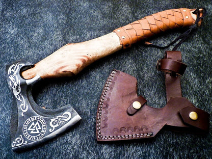 Hand Forged Bearded Viking Axe with Natural Wood Handle and Leather Sheath
