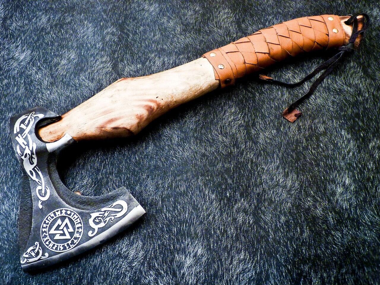Hand Forged Bearded Viking Axe with Natural Wood Handle and Leather Sheath