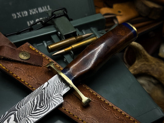 Handmade Damascus Steel Bowie Hunting Knife – Twist Hardwood Handle with Sheath | Heritage Forge
