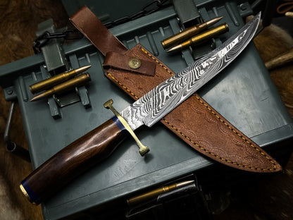 Handmade Damascus Steel Bowie Hunting Knife – Twist Hardwood Handle with Sheath | Heritage Forge