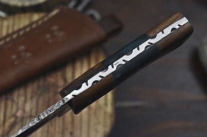 Custom Damascus Skinner Knife with Corain Handle and Wooden Bolster – Twist Pattern Hunting Blade