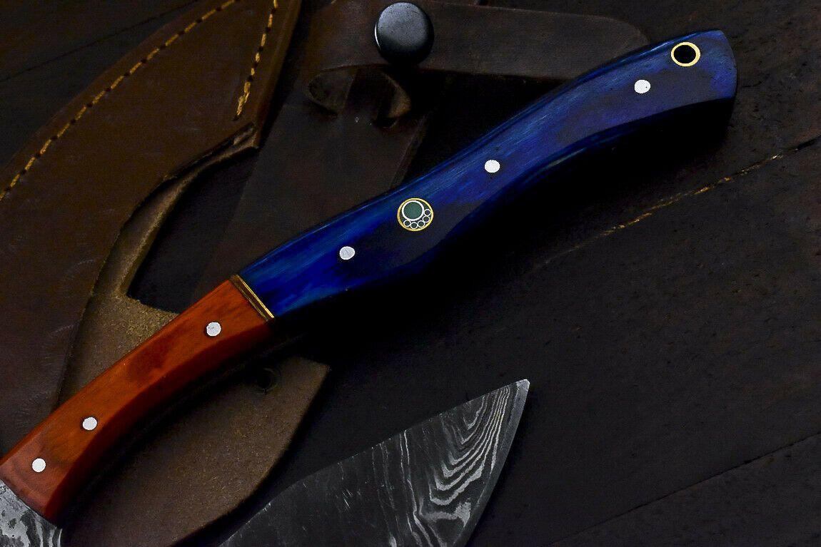 Handmade Damascus Steel Hard Wood Hunting Clever Chopper Axe Knife with Leather Sheath