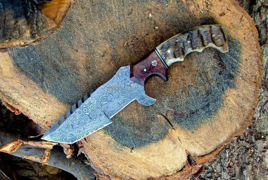 Handmade Damascus Steel Hunting Tracker Knife – 10" Full Tang Twist Pattern Blade with Wood Handle + Leather Sheath