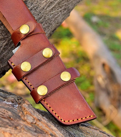 Handmade Damascus Steel Hunting Tracker Knife – 10" Full Tang Twist Pattern Blade with Wood Handle + Leather Sheath