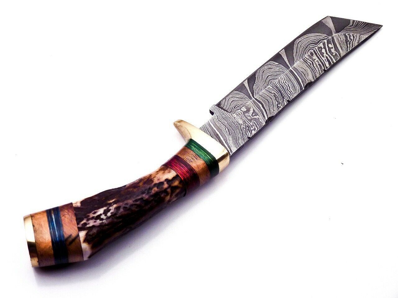 Custom 9.25" Damascus Bowie Knife with Deer Antler Handle