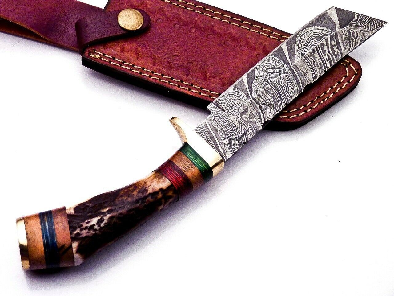 Custom 9.25" Damascus Bowie Knife with Deer Antler Handle