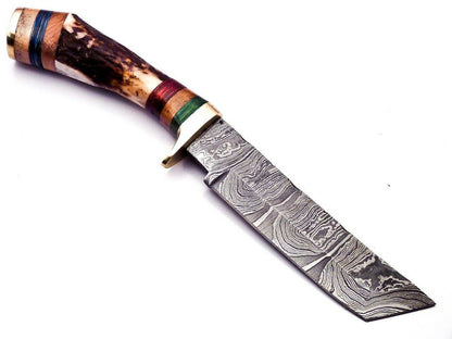 Custom 9.25" Damascus Bowie Knife with Deer Antler Handle