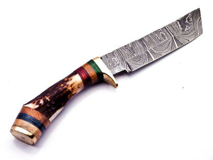 Custom 9.25" Damascus Bowie Knife with Deer Antler Handle