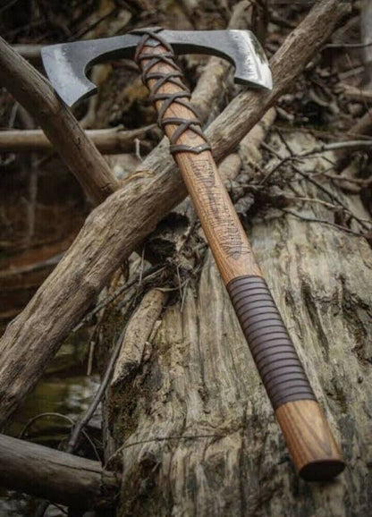 Custom Hand Forged Double Headed Viking Battle Axe with Ash Wood Handle and Leather Sheath