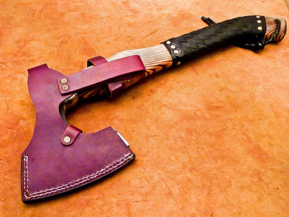 Hand Forged Carbon Steel Viking Bearded Axe 17" Hatchet Tomahawk with Wood Handle and Leather Sheath