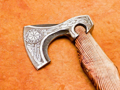 Hand Forged Carbon Steel Viking Bearded Axe 17" Hatchet Tomahawk with Wood Handle and Leather Sheath