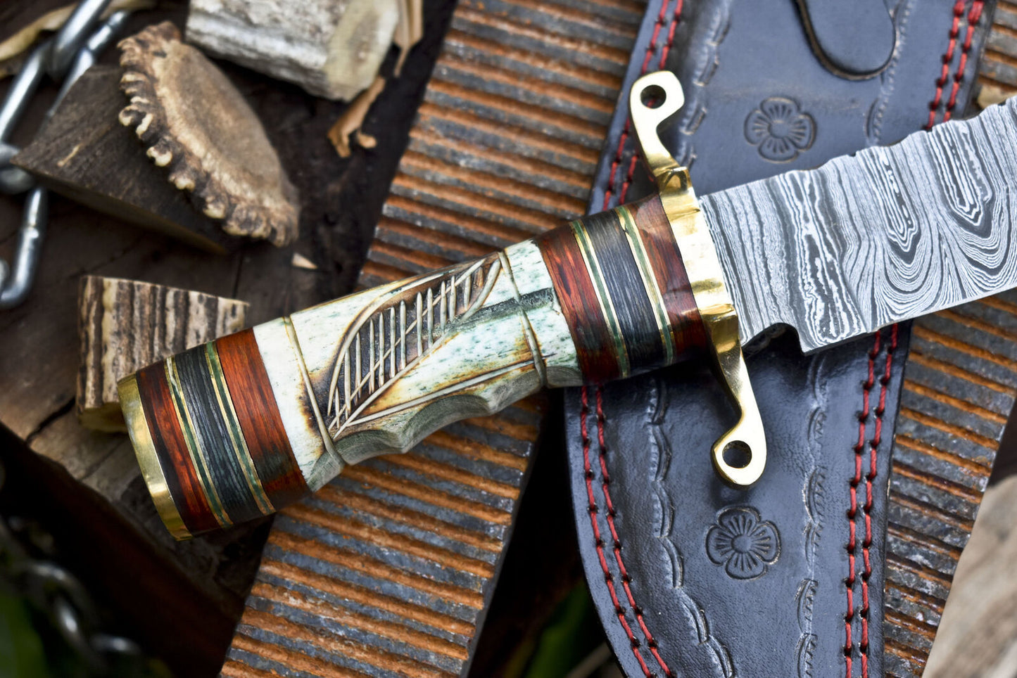 12 Inch Twist Damascus Bowie Knife with Bone Handle and Brass Guard