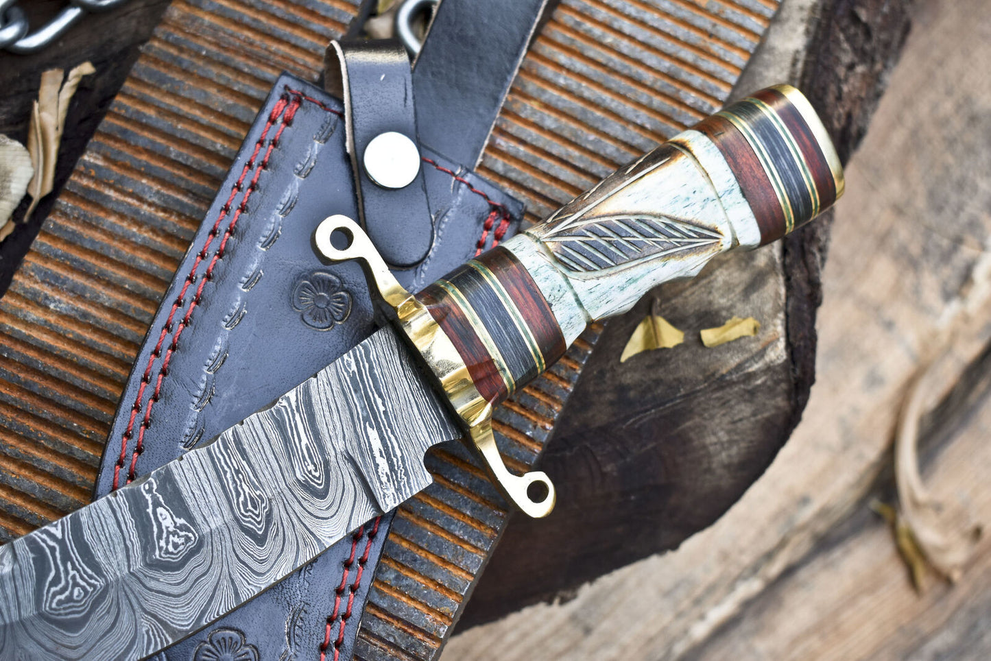 12 Inch Twist Damascus Bowie Knife with Bone Handle and Brass Guard