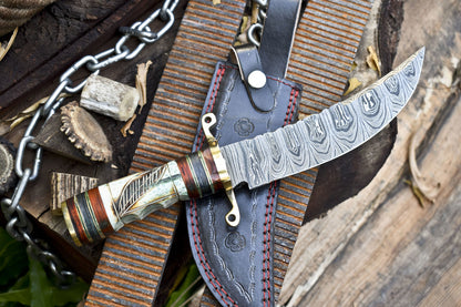 12 Inch Twist Damascus Bowie Knife with Bone Handle and Brass Guard