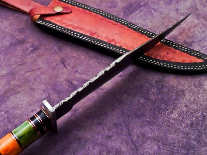 16 Inch Handmade Damascus Steel Bowie Hunting Knife with Resin Handle by Heritage Forge