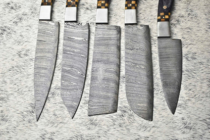 Stunning 5-Piece Handmade Hammered Damascus Steel Chef Knife Set – Custom Lot