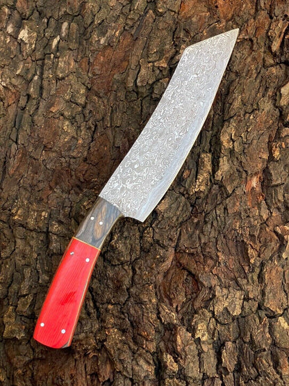 Custom Forged Damascus Steel Chef Knife – Kitchen Cleaver with Wood Handle & Leather Sheath