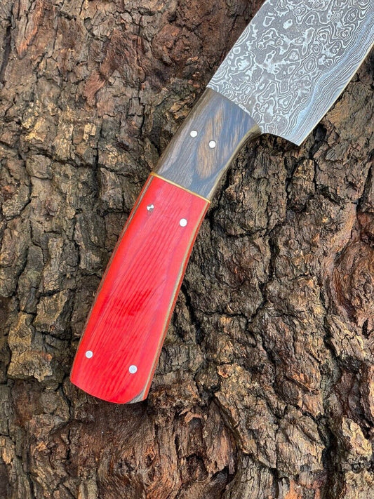 Custom Forged Damascus Steel Chef Knife – Kitchen Cleaver with Wood Handle & Leather Sheath