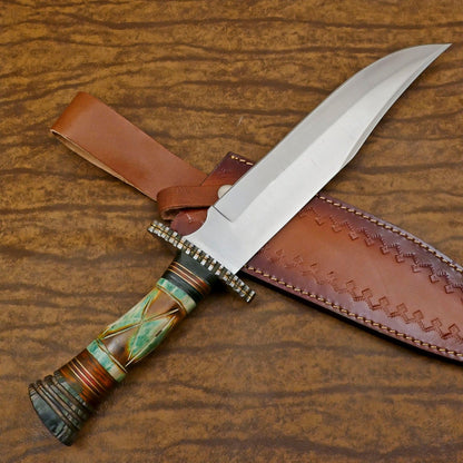 Handmade 12-Inch D2 Steel Clip Point Bowie Hunting Knife with Bone & Wood Handle & Sheath