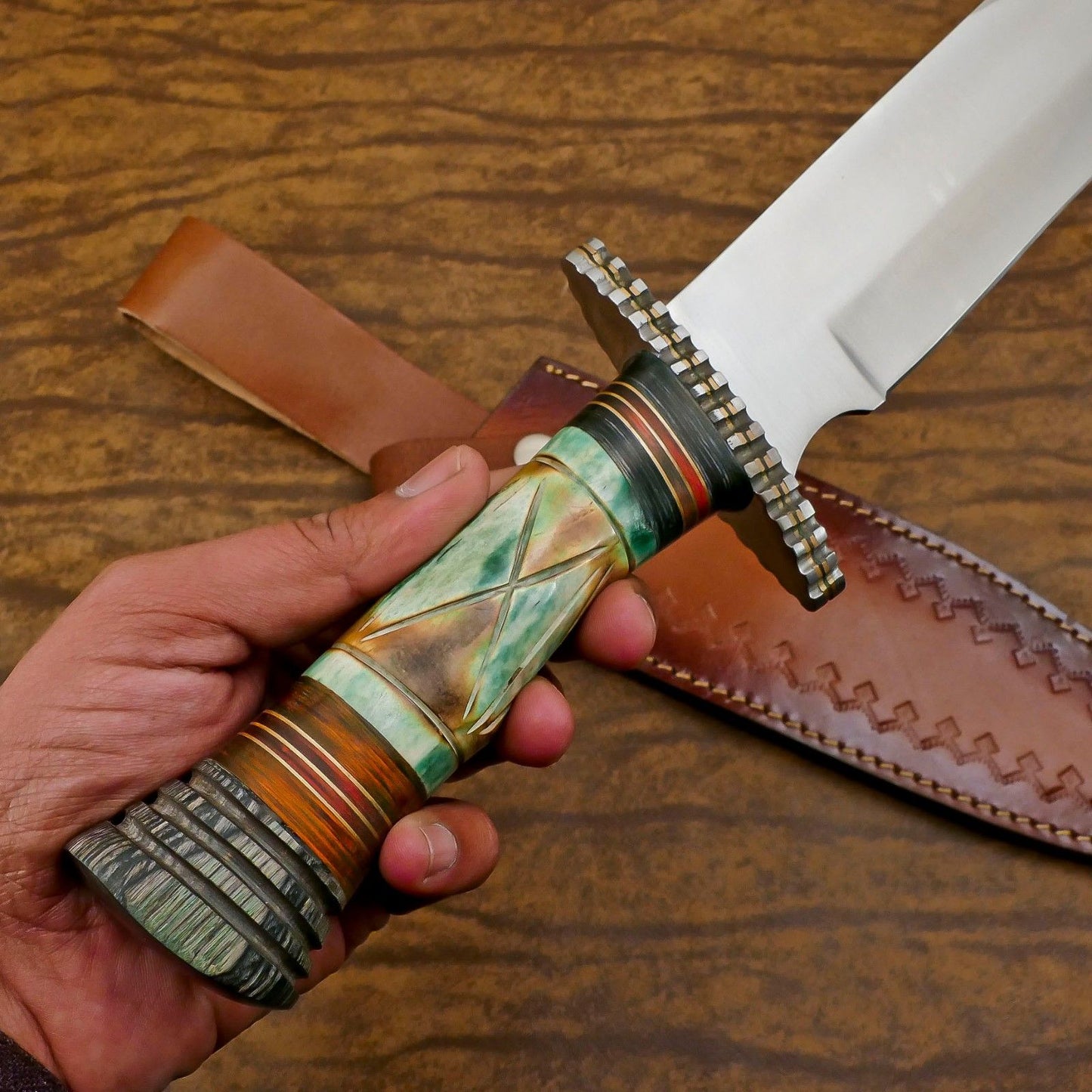 Handmade 12-Inch D2 Steel Clip Point Bowie Hunting Knife with Bone & Wood Handle & Sheath