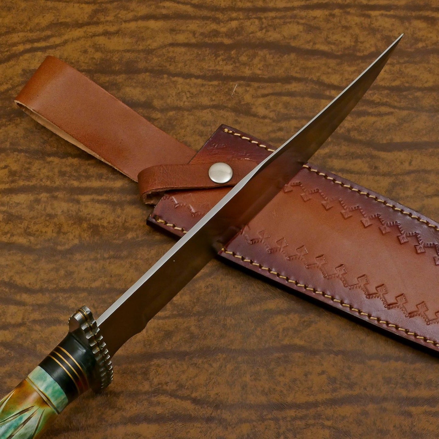 Handmade 12-Inch D2 Steel Clip Point Bowie Hunting Knife with Bone & Wood Handle & Sheath