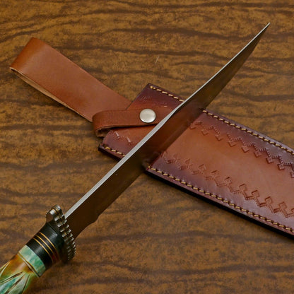 Handmade 12-Inch D2 Steel Clip Point Bowie Hunting Knife with Bone & Wood Handle & Sheath