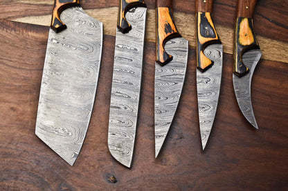 Lot of 5 Handmade Damascus Blade Full Tang Chef Set Knives – Premium Layered Steel