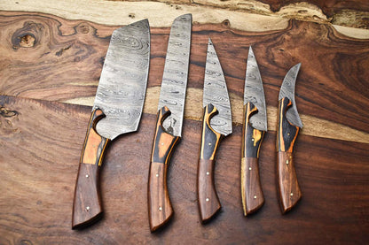 Lot of 5 Handmade Damascus Blade Full Tang Chef Set Knives – Premium Layered Steel