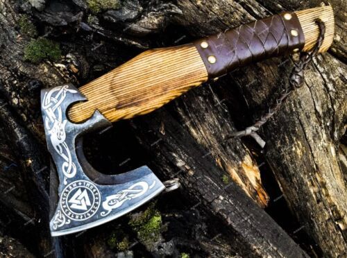 Custom Hand Forged Carbon Steel Viking Valhalla Battle Axe – Throwing Axe with Leather Sheath