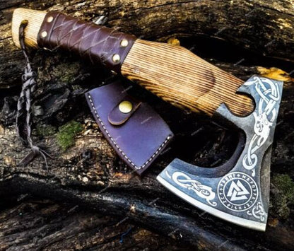 Custom Hand Forged Carbon Steel Viking Valhalla Battle Axe – Throwing Axe with Leather Sheath