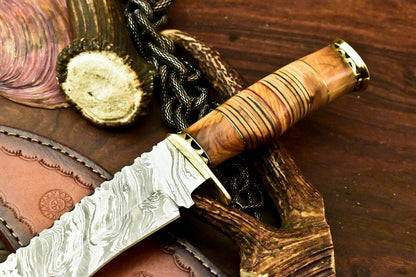 Custom Handmade Damascus Bowie Hunting Knife | Stacked Leather Handle