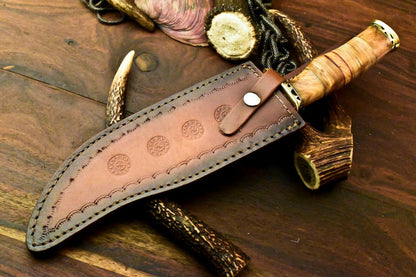 Custom Handmade Damascus Bowie Hunting Knife | Stacked Leather Handle