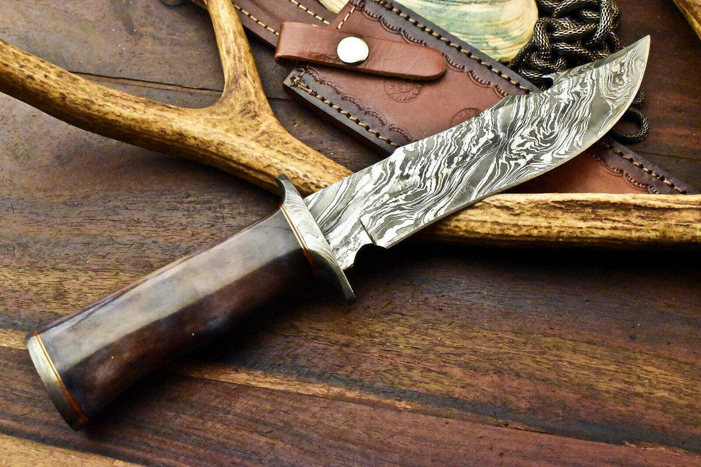 12" Damascus Steel Bowie Knife – Stained Camel Bone Handle