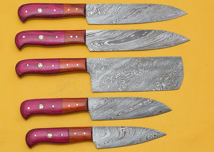 Handmade Damascus Kitchen Chef Knife Set with Pakka Wood Handles – 5-Piece Premium Collection