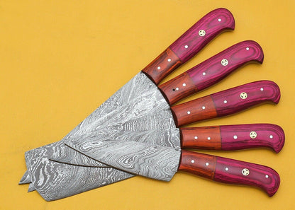 Handmade Damascus Kitchen Chef Knife Set with Pakka Wood Handles – 5-Piece Premium Collection