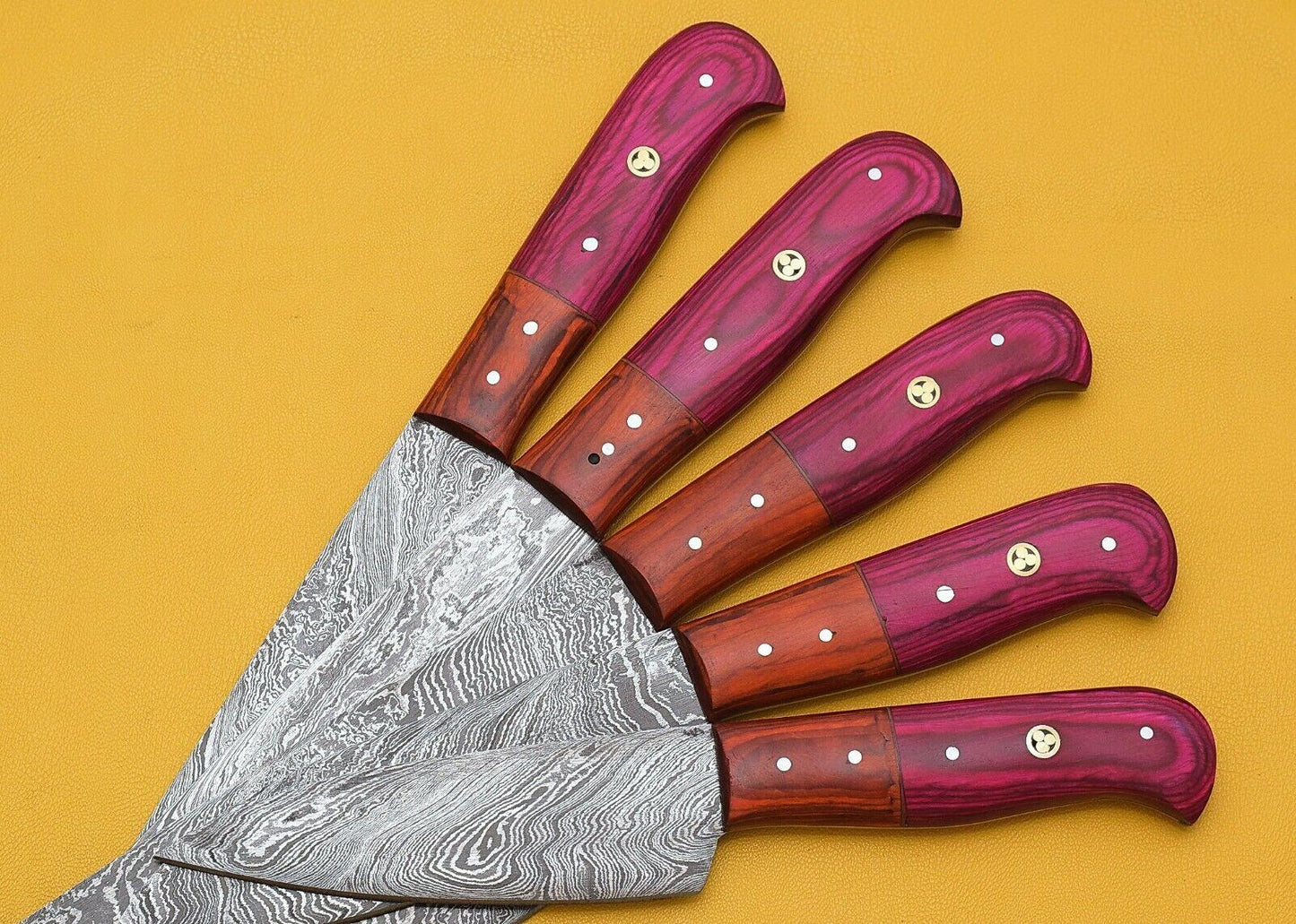 Handmade Damascus Kitchen Chef Knife Set with Pakka Wood Handles – 5-Piece Premium Collection