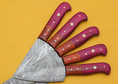 Handmade Damascus Kitchen Chef Knife Set with Pakka Wood Handles – 5-Piece Premium Collection