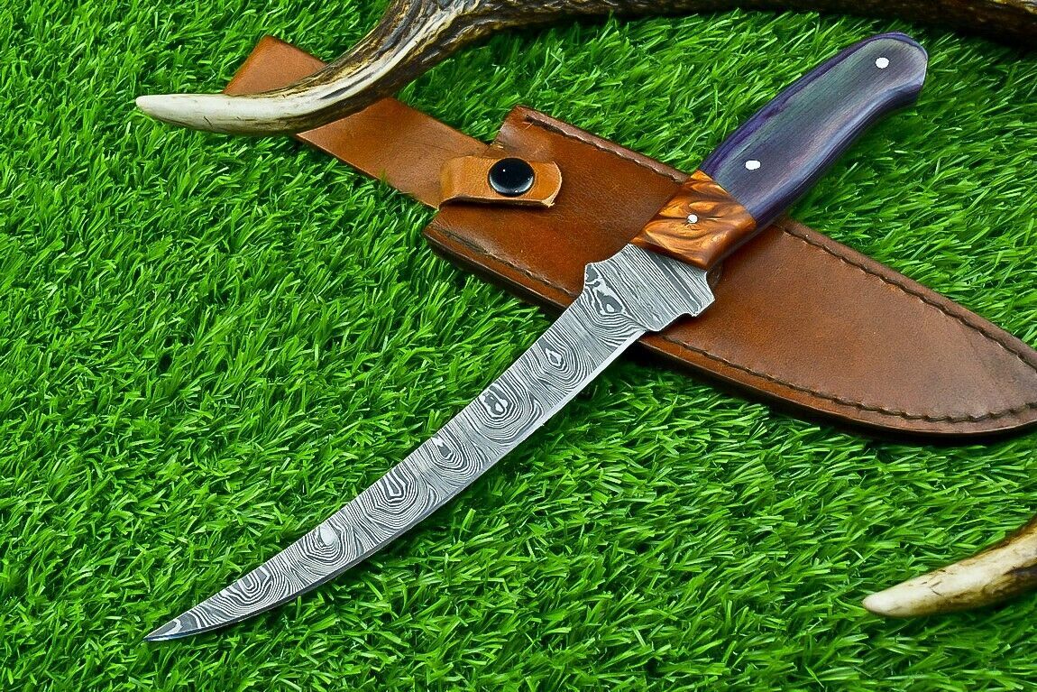Hand Forged Damascus Steel Fillet Knife – Kitchen Chef Knife, Camping & Hunting Knife