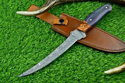 Hand Forged Damascus Steel Fillet Knife – Kitchen Chef Knife, Camping & Hunting Knife