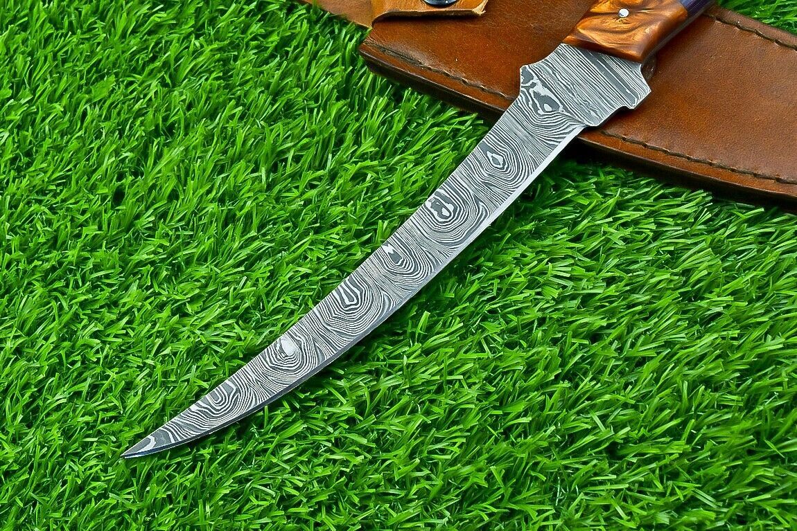 Hand Forged Damascus Steel Fillet Knife – Kitchen Chef Knife, Camping & Hunting Knife