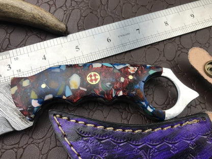 8" Handmade Damascus Karambit Full Tang Damascus Steel Karambit Knife with Resin Handle