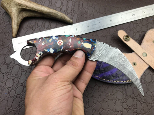8" Handmade Damascus Karambit Full Tang Damascus Steel Karambit Knife with Resin Handle